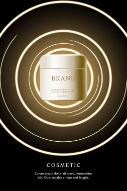 Kozmetik ürün reklamları siyah arkaplanda altın ışıkla şablon oluşturur.