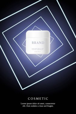 Kozmetik ürün reklamları mavi ışık demeti ile siyah arkaplan üzerinde şablon.