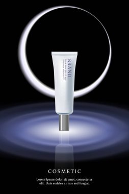Kozmetik ürünleri ay ışığı ile siyah arkaplan üzerinde reklam şablonu.