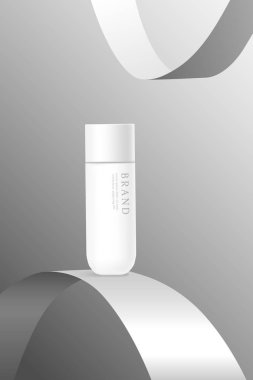 Gri arkaplanda kurdeleli kozmetik ürün reklamları şablonu.