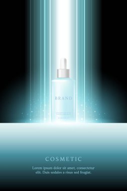 Kozmetik ürün reklamları mavi ışık demeti ile siyah arkaplan üzerinde şablon.