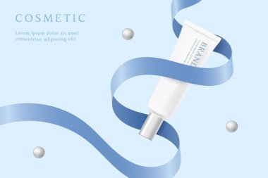 Mavi arkaplanda kurdeleli kozmetik ürün reklamları şablonu.