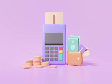 Ödeme kredisi veya banka kartı fatura konsepti olan Pos terminal makinası. Finansal işlemler. Mor arka planda en az sevimli pürüzsüz. 3d resimleme