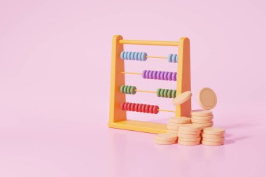 Çizgi film stili renkli abaküs ve pembe pastel arka planda madeni paralar, aritmetik oyun sayma konsepti, finans eğitimi. 3 Boyutlu resimleme