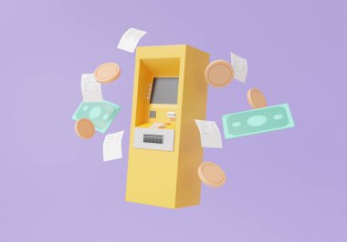 Sarı bankamatik otomatik depozito makinesi mor arkaplan işlemleri internet bankacılığında yüzüyor. Para transferi konsepti. Çizgi film minimumu. 3d resimleme