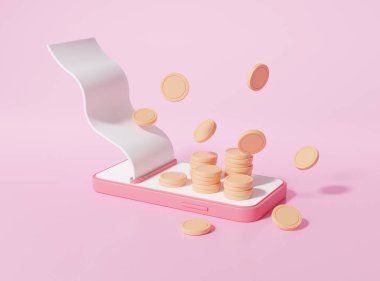 Uygulama akıllı telefon faturası ve yüzen izometrik madeni paralar vasıtasıyla çevrimiçi ödeme sistemi kavramı. Pembe arkaplan karikatürlerinde çok az. 3B görüntüleme