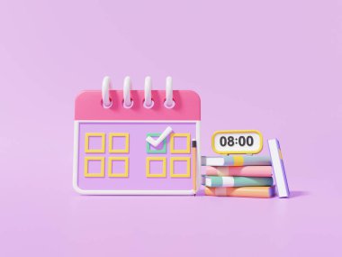 Minimum çizgi film sevimli düz takvim onaylı alarm saati yıl kitap günü, eğitim, öğrenme konsepti. mor arkaplan, zamanlama, 3 boyutlu resimleme