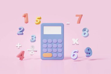 Matematik öğrenme konsepti. Hesap makinesi ve temel matematik işlemleri matematiği simgeler, artı, eksi, çarpma, sayı bölü pembe zemin. En az çizgi film tarzı. 3d hazırlayıcı 