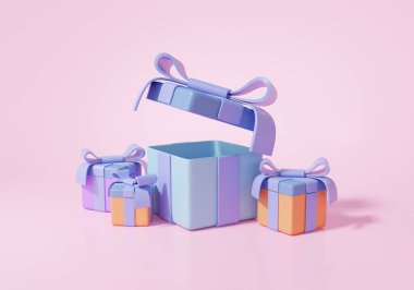 Minimum sürpriz hediye kutusu ya da Pembe pastel arka planda mevcut boş izometrik kutuyu aç. Kutlama konsepti Çizgi film tarzı. 3d resimleme