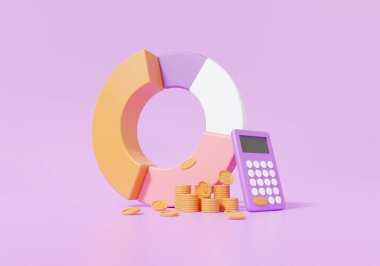 Hesap makinesi ve yığınla bozuk para, Finansal Grafik Ekonomi Analitiği. Maliyet azaltma eğitim konsepti. mor arka planda. 3d resimleme