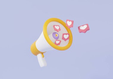 Sarı megafon ikonu ve yüzen kalp minimumu karikatür tarzı, yükseltici sosyal medya iletişim konsepti. Pastel arka planda. 3d resimleme