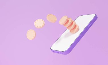 Çevrimiçi ödemeler akıllı telefon beyaz ekran aktarım konseptinde yüzüyor. Uygulamalı internet bankacılığı vasıtasıyla Mor arkaplan karikatürüne para öde. 3 Boyutlu resimleme