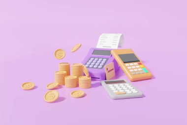 Pos terminali ve yüzen bozuk paralarla hesap makinesi, ödeme konsepti. Mor arka planda en az sevimli pürüzsüz. 3d resimleme