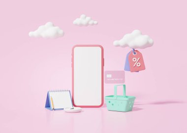 3D render Online alışveriş konsepti. Akıllı telefon ve alışveriş çantasındaki dükkan takvim saati en az karikatür, izometrik, indirimli promosyon satışı. hastalıklar