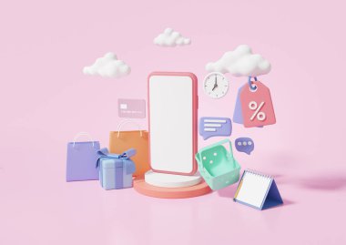Akıllı telefondan akıllı mağaza ve alışveriş çantası takvimi hediye saati çevrimiçi alışveriş konsepti. En az karikatür, izometrik, indirimli promosyon indirimi. 3D rendeleme hastalığı