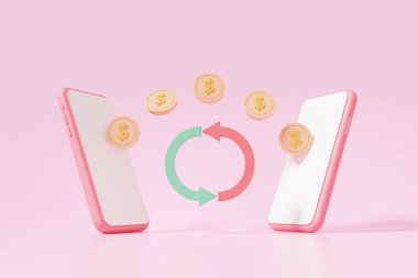 Para ödeme transfer sistemi çevrimiçi konsepti. Uygulama internet bankacılığı ile iki akıllı telefon, minimal çizgi film biçimi, kopyalama alanı, afiş, 3d resimleme