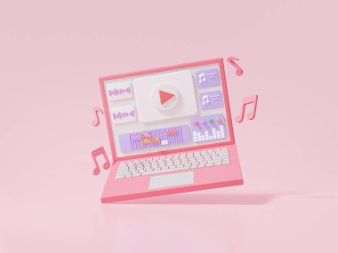 Ekolayzır video düzenleme ve ses müziğini laptopta yüzen karikatür üzerinden pembe arkaplan, hareket, vlog, film, 3d canlandırma