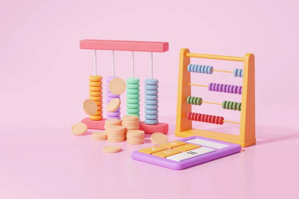 Financieel Onderwijsconcept Kleurrijke Abacus Met Munten Rekenmachine Isometrisch Roze Achtergrond — Stockfoto