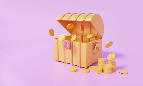 Protection treasure box coffer concept. Open treasure chest with coins floating isometric on Purple background. Cartoon minimal cute smooth 3d render illustration