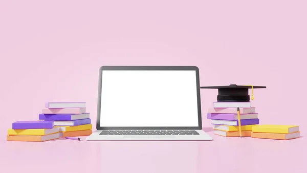 소수의 랩탑은 졸업식 그리고 온라인 교육을 배우는 분홍색 배경에 배너에 — 스톡 사진
