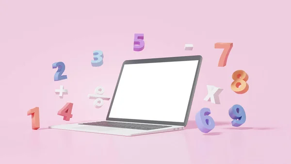 基本的な数学操作記号数学 プラス マイナス 数学習金融教育の概念とピンクの背景に3Dノートパソコンのモックアップ空の白い画面 3Dレンダリング — ストック写真
