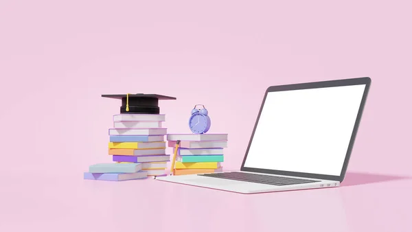Laptop Makieta Pusty Biały Ekran Różowym Tle Cap Ukończenia Szkoły — Zdjęcie stockowe