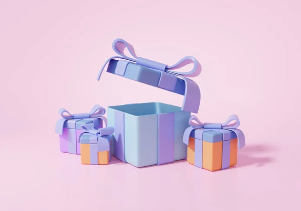 Minimal Surprise gift box or Open present box empty isometric on pink pastel background. celebration concept. cartoon style. 3d render illustration