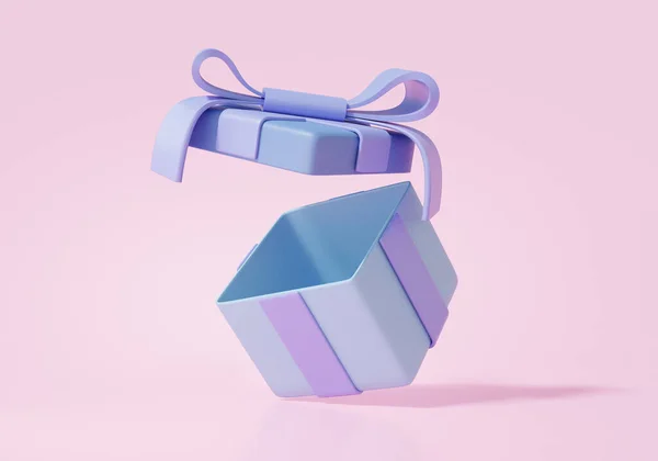 One sky blue surprise gift box or Open present box empty on pink pastel background. celebration concept. minimal cartoon style. 3d render illustration