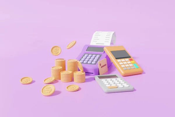Pos Terminal Calculator Met Stapel Munten Drijvende Betalingen Concept Minimaal — Stockfoto