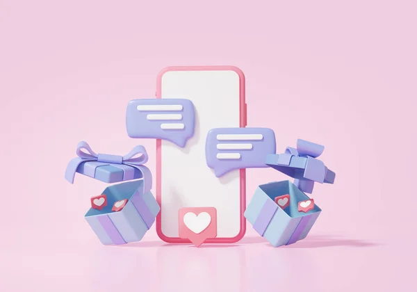 数字营销社交媒体的在线概念 展示惊喜礼品盒 数码小漫画粉红背景 3D渲染说明 — 图库照片