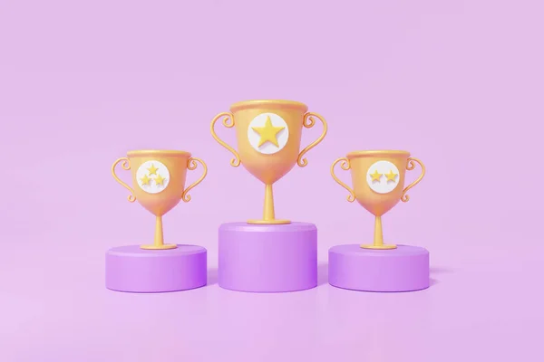 星と最初の黄金トロフィーカップと3D受賞者の台座 表彰台で2位と3位 紫を基調にしたミニマルな漫画 3Dレンダリング図 — ストック写真