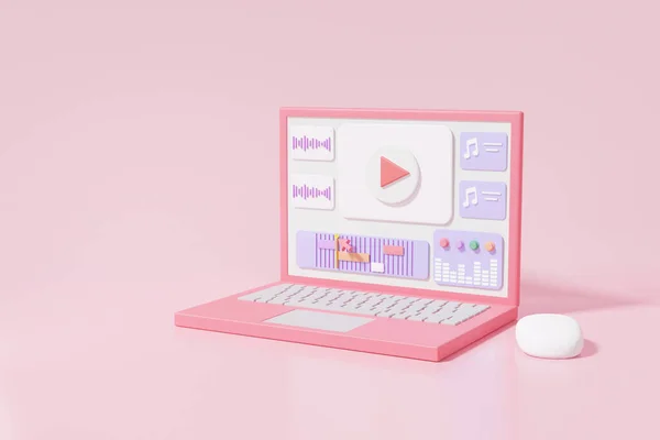 Minimale Laptop Mockup Video Bezig Met Bewerken Snijden Beeld Geluid — Stockfoto