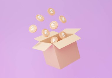 Karton kahverengi sürpriz paketi ya da Open box madeni paralar mor arka planda yüzen para, nakit para, iş finans kurları konsepti. 3d resimleme