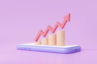 Akıllı telefon bozuklukları, çevrimiçi yatırım alışverişi, finans sektörü ekonomi konsepti üzerinde kırmızı grafik daha yüksek ok. Minimum çizgi film. 3d resimleme