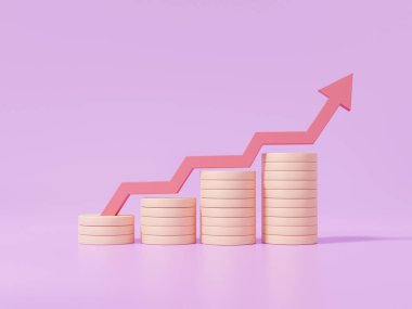 3D para yığınları, kırmızı grafik yükselen para takdir, büyüme yatırım başarısı Finans iş ekonomisi eğitim kavramı. mor arka planda. resimleme