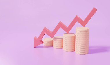 Bozuk para yığınları, mor fon yatırım düşüşündeki kırmızı grafik, Maliye Ekonomi Eğitimi Maliyet azaltma konsepti. 3d resimleme