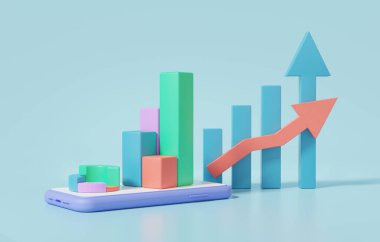 Dijital büyüme pazarlama konsepti. SEO ya da Arama Motoru optimizasyonu çevrimiçi finans sektörü büyüme web analizi grafiği mobil üzerinde. 3d çizim illüstrasyonu 
