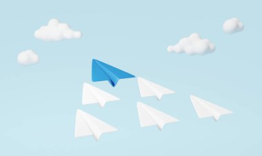 Yaratıcı vizyon liderlik kavramı. Mavi kağıttan uçak bulutlarla seyir ediyor. Minimum sevimli karikatür. 3d resimleme