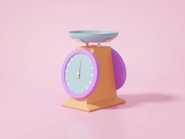 Üç boyutlu ağırlık ölçekleme simgesi. Diyet karşılaştırma ağırlığı yerli. Pembe arka planda çok az sevimli çizgi film. 3d resimleme