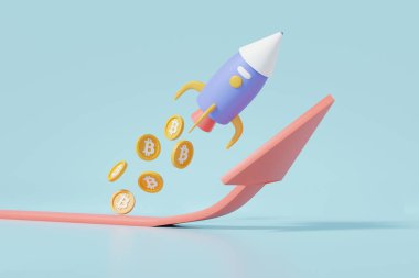 Bitcoin 'den Ay' a, kripto para ticareti uçan roket büyümesi hedefine borsa finans yatırımı. Yumuşak mavi arka planda tüccar konsepti. 3d illüstrasyon oluşturma