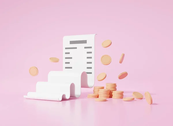 Witte Papieren Factuur Munten Zweven Roze Achtergrond Geld Kostenbesparing Concept — Stockfoto