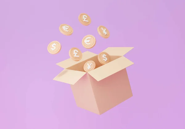 Carton Brown Surprise Parcel Open Box Coins Money Floating Purple — стоковое фото