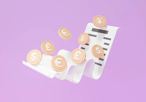 Pagamentos Conta Com Moedas Libra Iene Euro Dólar Flutuando Fundo — Fotografia de Stock
