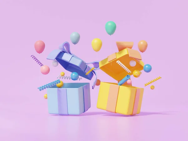 Minimal open two gift box colorful and balloon floating on purple background. cute smooth celebrate happy birthday confetti concept. 3d render illustration