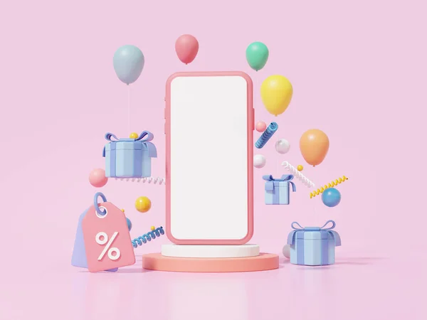 Mobilní Mockup Prázdný Bílý Displej Balón Plovoucí Růžovém Pozadí Sleva — Stock fotografie