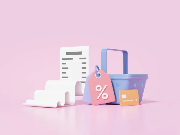 ビルオンラインショッピング割引コンセプト ピンクの背景にバスケットと値札のラベルで 最小限の漫画 バナー プロモーション販売 3Dレンダリングのイラスト — ストック写真
