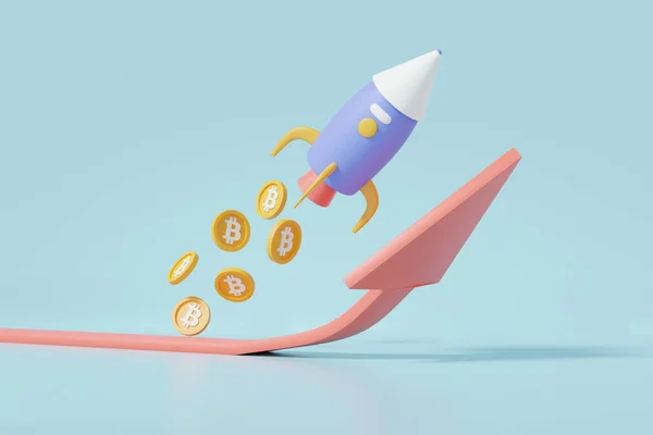 Bitcoin Till Månen Cryptocurrency Handel Flygande Raket Tillväxt Mål Börs — Stockfoto