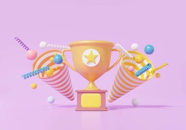 Minimalne Puchar Trofeum Party Popper Kolorowe Pływające Fioletowym Tle Słodka — Zdjęcie stockowe