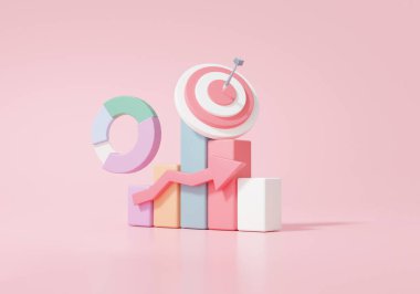 Pembe arka planda grafik grafik analizi optimizasyonu. Yatırım geliştirme konsepti. İstatistikler nakışlı ok hedef planlamasını finanse ediyor. 3d resimleme