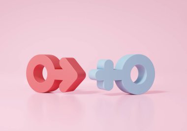 Pembe arka planda üç boyutlu kadın cinsiyet sembolü. cinsel konsept. Çizgi film stili şirin ve pürüzsüz. 3d resimleme